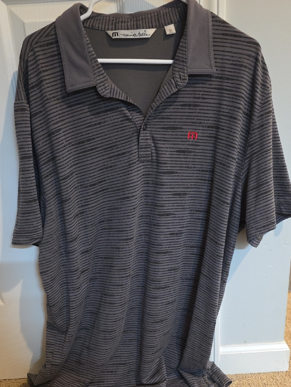 Travis Mathew Men's Charcoal Gray Striped Polo with Red Logo